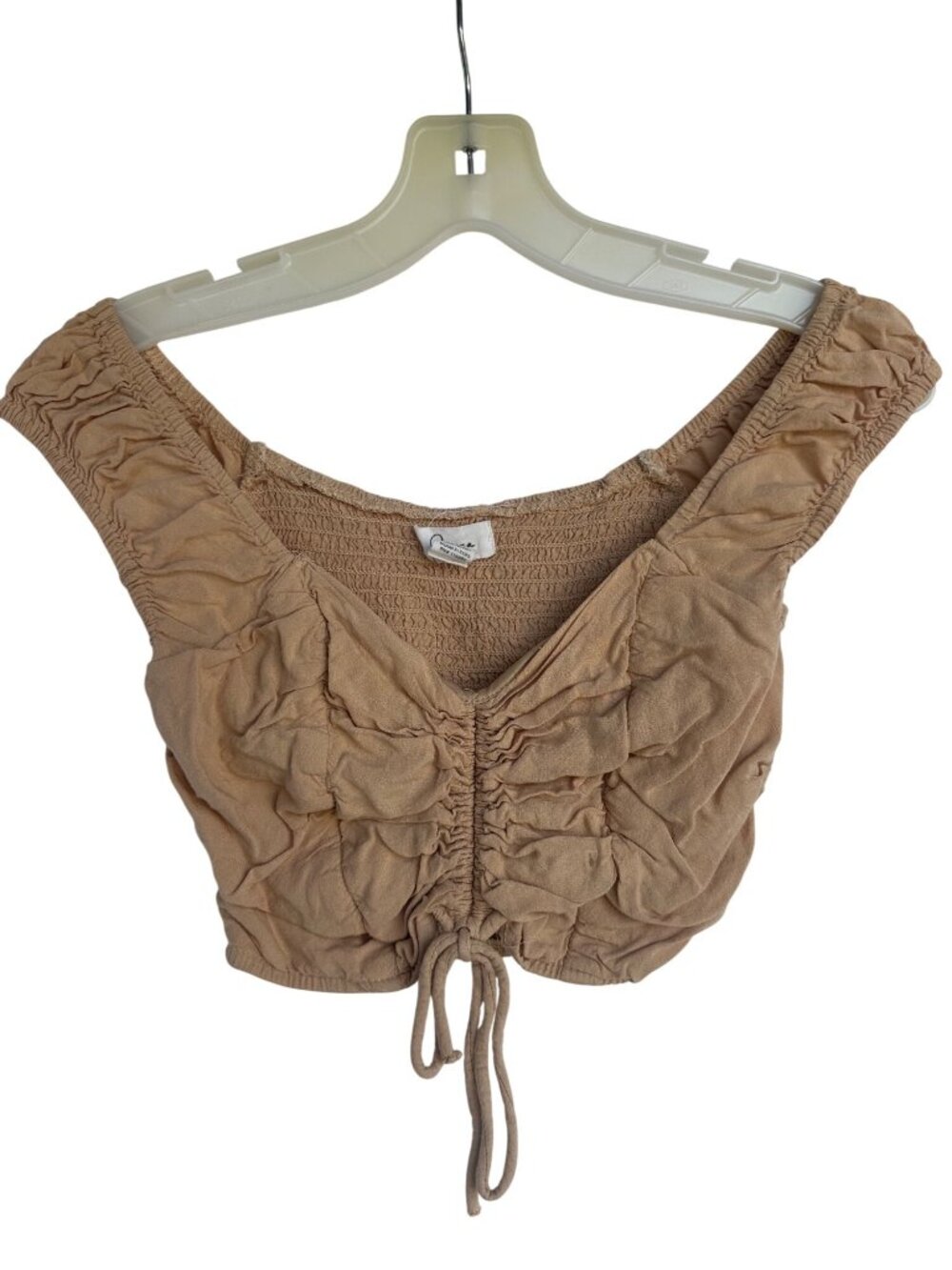 Japna Crop Top XS Ruched V-Neck Smocked Back Beige Tan Rayon Neutral Summer Wear